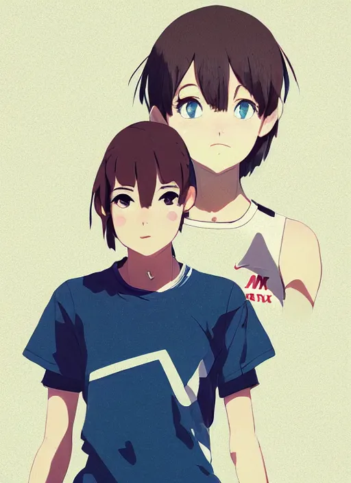 Image similar to portrait of high school runner girl, sunny sky background stadium landscape illustration concept art anime key visual trending pixiv fanbox by wlop and greg rutkowski and makoto shinkai and studio ghibli and kyoto animation symmetrical facial features short down hair sports clothing marathon race nike shirt realistic anatomy