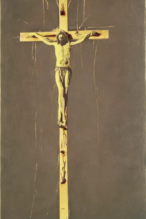 Prompt: light of god illuminating jesus christ crucified painted by cy twombly and andy warhol