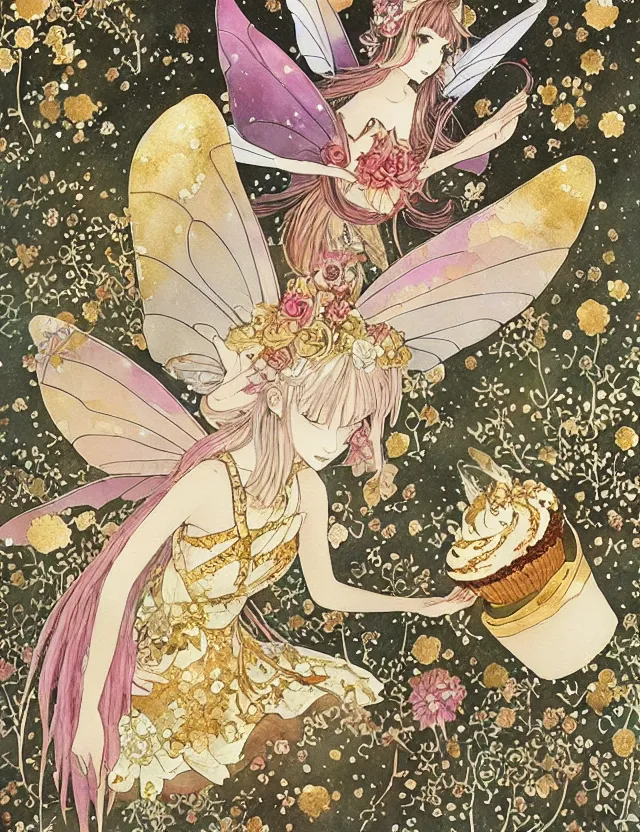 Prompt: faerie spirit of cupcakes, lost in the mountains. this watercolor and gold leaf work by the award - winning mangaka has a beautiful composition and intricate details.