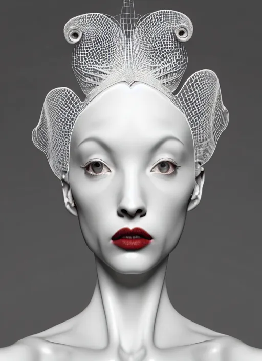 Prompt: complex 3d render ultra detailed of a beautiful porcelain profile young woman face, biomechanical cyborg, 200 mm lens, beautiful studio soft light, rim light, silver white gold red details, magnolia big leaves achromatic and stems, roots, fine foliage lace, mesh wire, Alexander Mcqueen high fashion haute couture, art nouveau fashion embroidered, intricate details, hyper realistic, ultra detailed, mandelbrot fractal, anatomical, facial muscles, cable wires, microchip, elegant, octane render, H.R. Giger style, 8k post-production, trending on Artstation