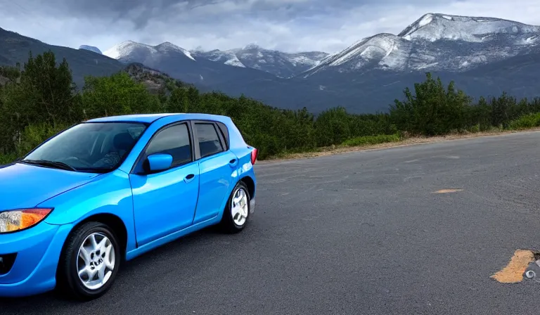 Prompt: blue Gen 1 Mazda Mazdaspeed 3 2008 parked in front of mountain twilight beautiful photo