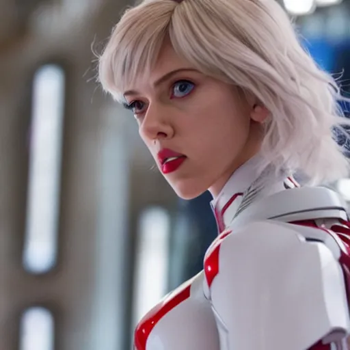 Image similar to still of Scarlett Johansson cosplaying as Rei Ayanami