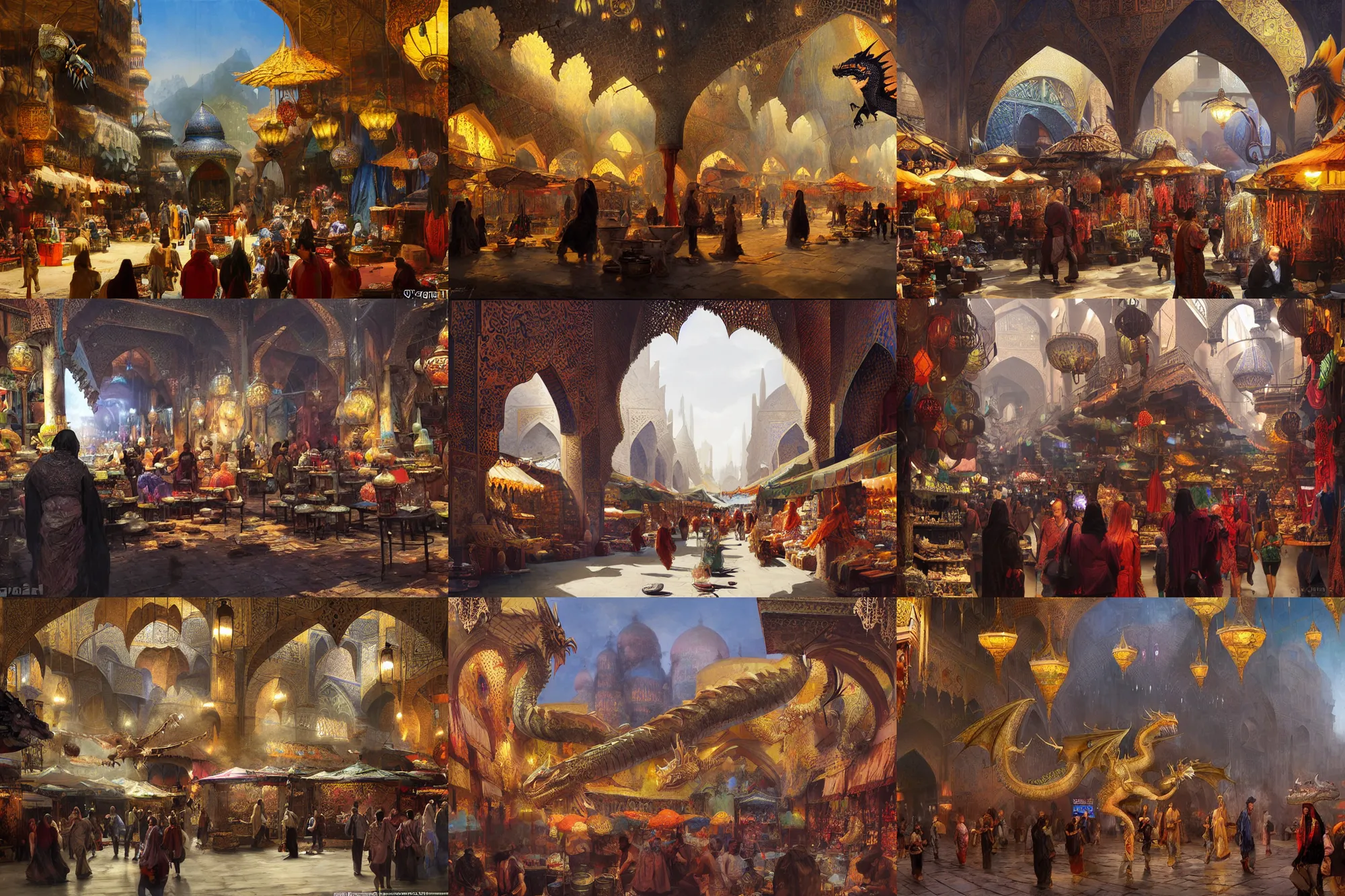 Prompt: a concept art matte painting in the style of orientalism of dragons on display in a dragon auction in the grand bazaar of isfahan by greg rutkowski and edwin lord weeks, speed painting with brush strokes of dragons in a dragon market