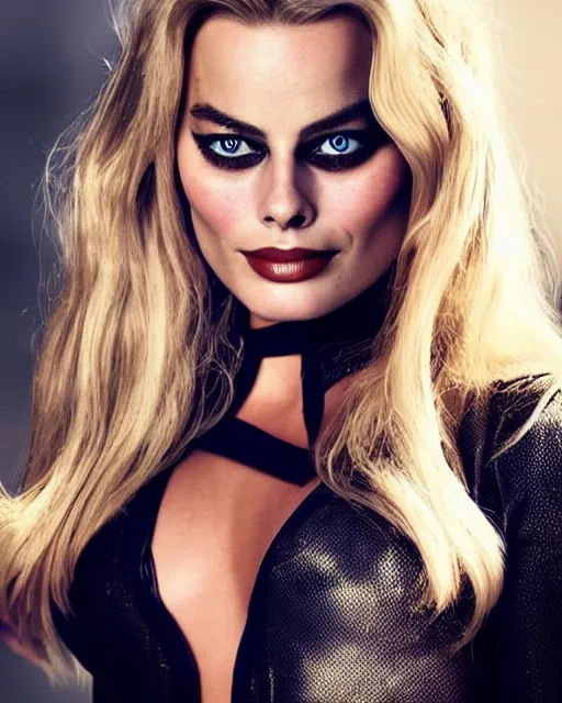 Image similar to portrait of margot robbie with a cat woman costume, full body shot, highly detailed, beautiful eyes, beautiful face, detailed face, cinematic, professional photograph