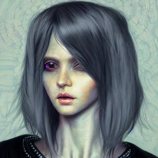 Image similar to dream portrait girl cyberpunk, dark skin, white hair, realistic shaded, fine details, cyberpunk, realistic shaded lighting by Ilya Kuvshinov and Gustav Klimt