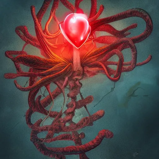 Prompt: a beautiful but creepy and haunting flower with a glowing red heart, growing deep under the sea. Digital art, detailed and intricate, beautiful, haunting