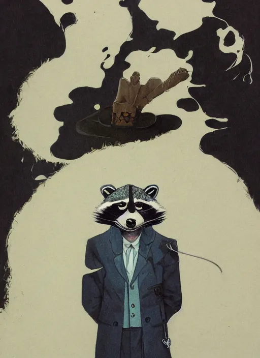 Image similar to a dramatic gouache portrait of an anthropomorphic raccoon mob boss, by posuka demizu, by stephen gammell, by victo ngai, by george ault, in the style of mafia, artstation