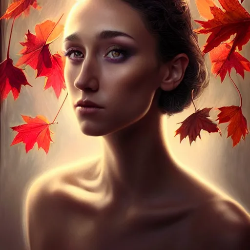 Prompt: gorgeous stella maeve magician, realistic character concept, bird's eye overhead shot, elegant pose, spooky, illustration, symmetrical face and body, volumetric lighting, detailed realistic symmetrical eyes, 8 k, joshua middleton, artgerm, tom bagshaw, single face, insanely detailed and intricate elegant, autumn leaves