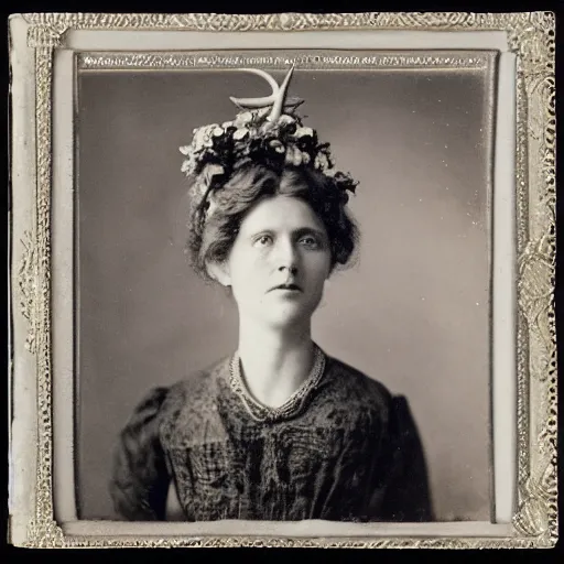 Prompt: portrait of a 1 9 th century woman with antlers, 1 9 0 0 s photography