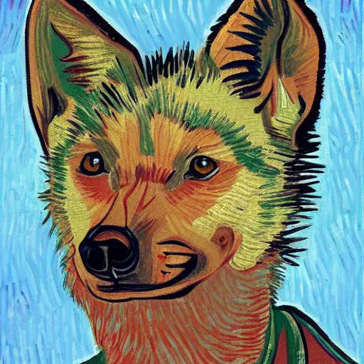 Image similar to retarded wolf portrait, van gogh style, propaganda style