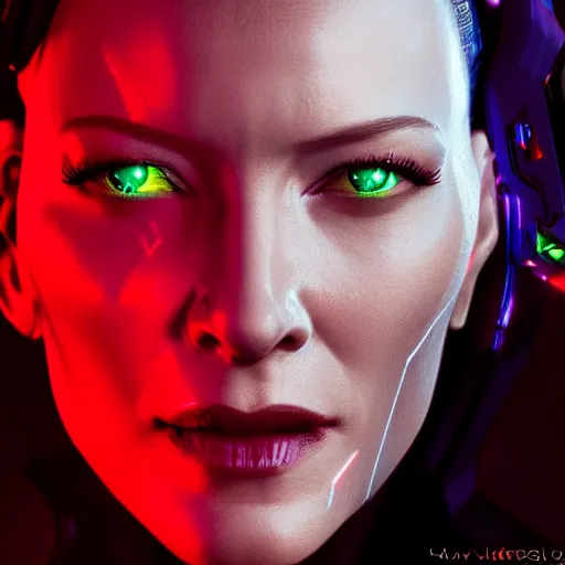 Image similar to cate blanchett portrait, cyberpunk 2 0 7 7, cyberpunk judy alvarez, photorealistic, ultra detailed, neon, octane, bokeh, cinematic lighting, cyber, cyberpunk city, studio quality, feature, scars, cyberface, 8 k