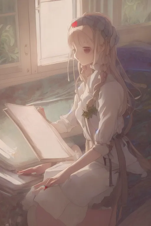 Prompt: a girl in a maid's outfit in the bedroom typing front the notebook a night, raining outside the window, wavy white long hair, by krenz cushart and mucha and akihito yoshida and makoto shinkai and greg rutkowski, 4 k resolution