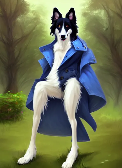 Image similar to full body digital painting of a cute male anthropomorphic border collie fursona wearing a trenchcoat and blue denim shorts in front of a park, furaffinity, scenic background, intricate, elegant, beautiful, fantasy, highly detailed, trending on artstation, art by charlie bowater and henry asencio and and ross tran