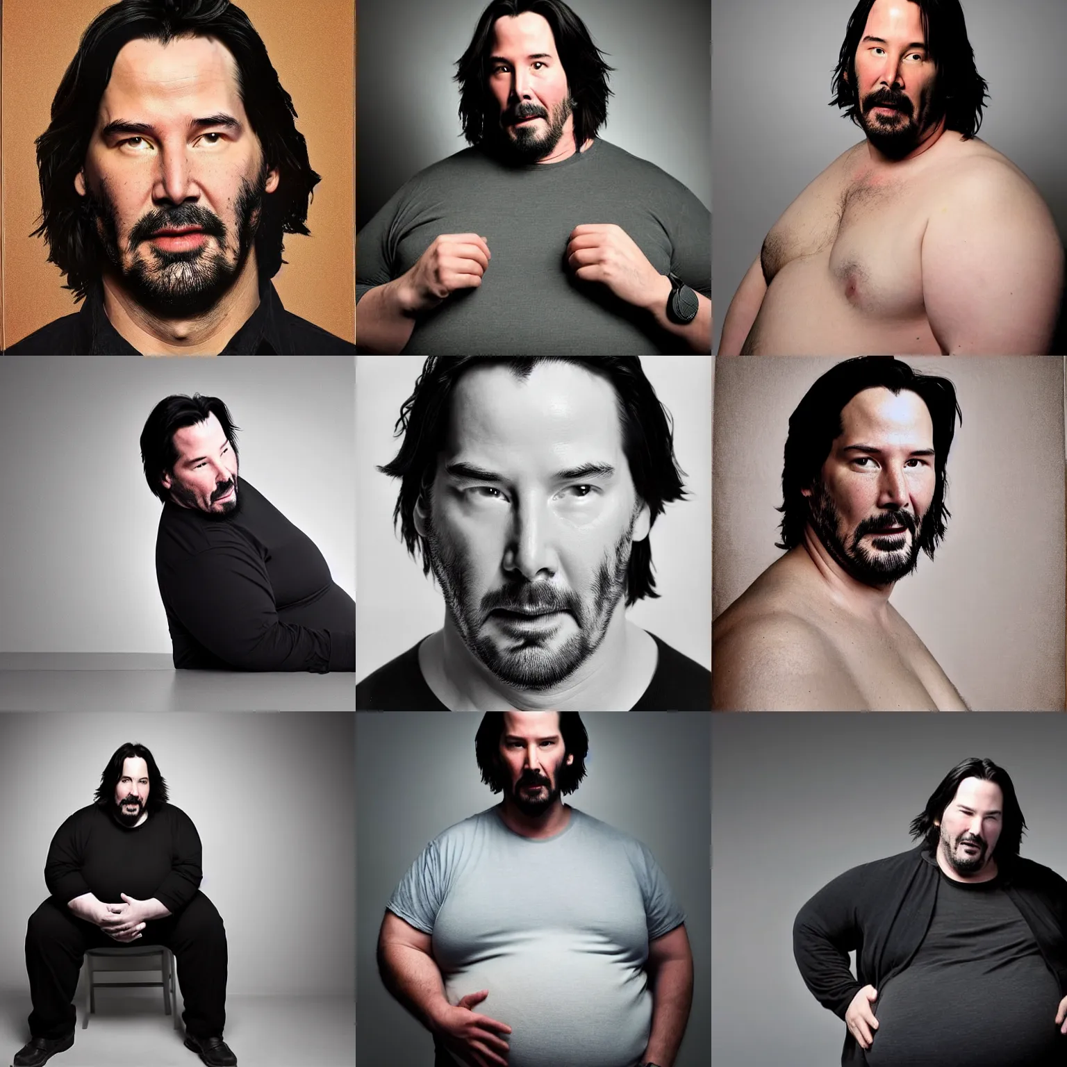 Prompt: obese keanu reeves holds his belly on medium portrait, studio lighting, real photograph, 8 k film still
