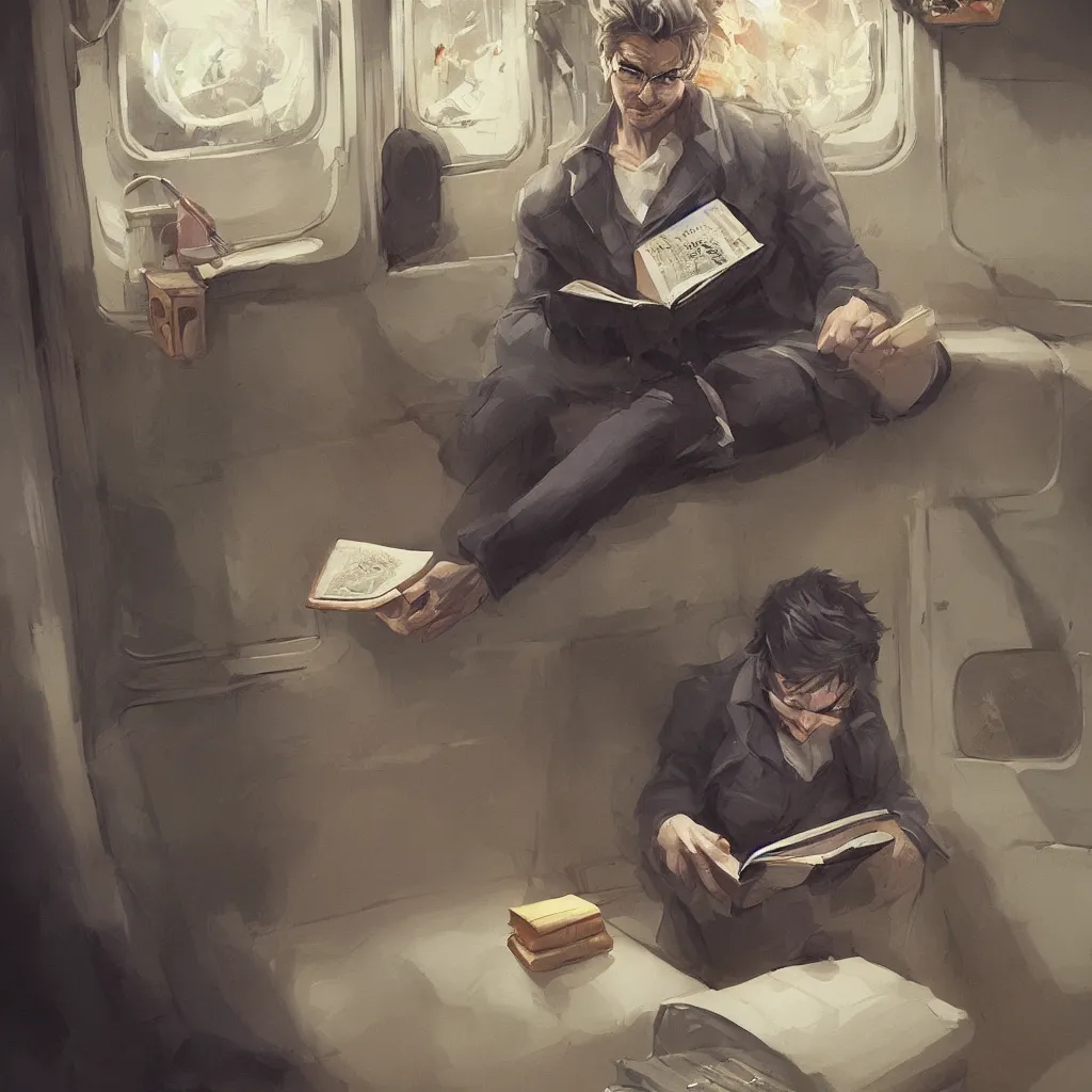 Image similar to a painting of a lone man reading a magical book while sitting in a subway car, by rutkowski and artgerm, highly detailed, trending on artstation, movie concept art, cinematic lighting