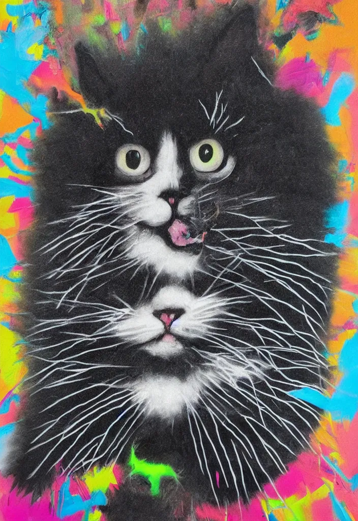 Image similar to fluffy cat with an afro comb t - shirt design, by jules julien, alex yanes, dark grisaille monochrome neon spraypaint, ironic surrealism, hypebeast