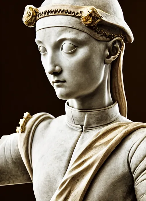Image similar to a medieval female soldier, elegant, filigree renaissance sculpture from marble, brilliant symmetry, created by verrocchio andrea, leonardo da vinci, sandro botticelli, raffaelle monti, epic 7 0 mm lens shot, artstation trending, photorealism, sharp focus, smooth, establishing shot, sense of awe