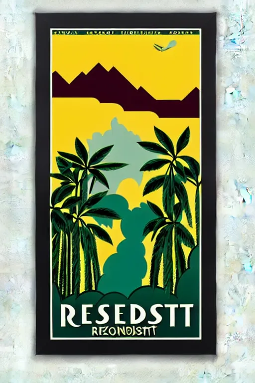 Prompt: art deco travel poster. rainforest, framed poster, hires