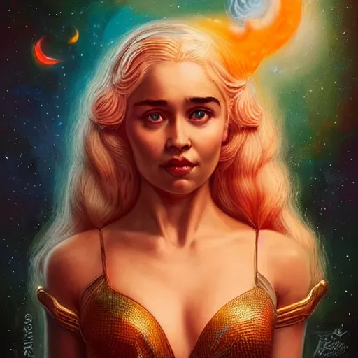 Image similar to cosmic lofi daenerys targaryen portrait, queen of dragons, fire flaming serpent, Pixar style, by Tristan Eaton Stanley Artgerm and Tom Bagshaw.