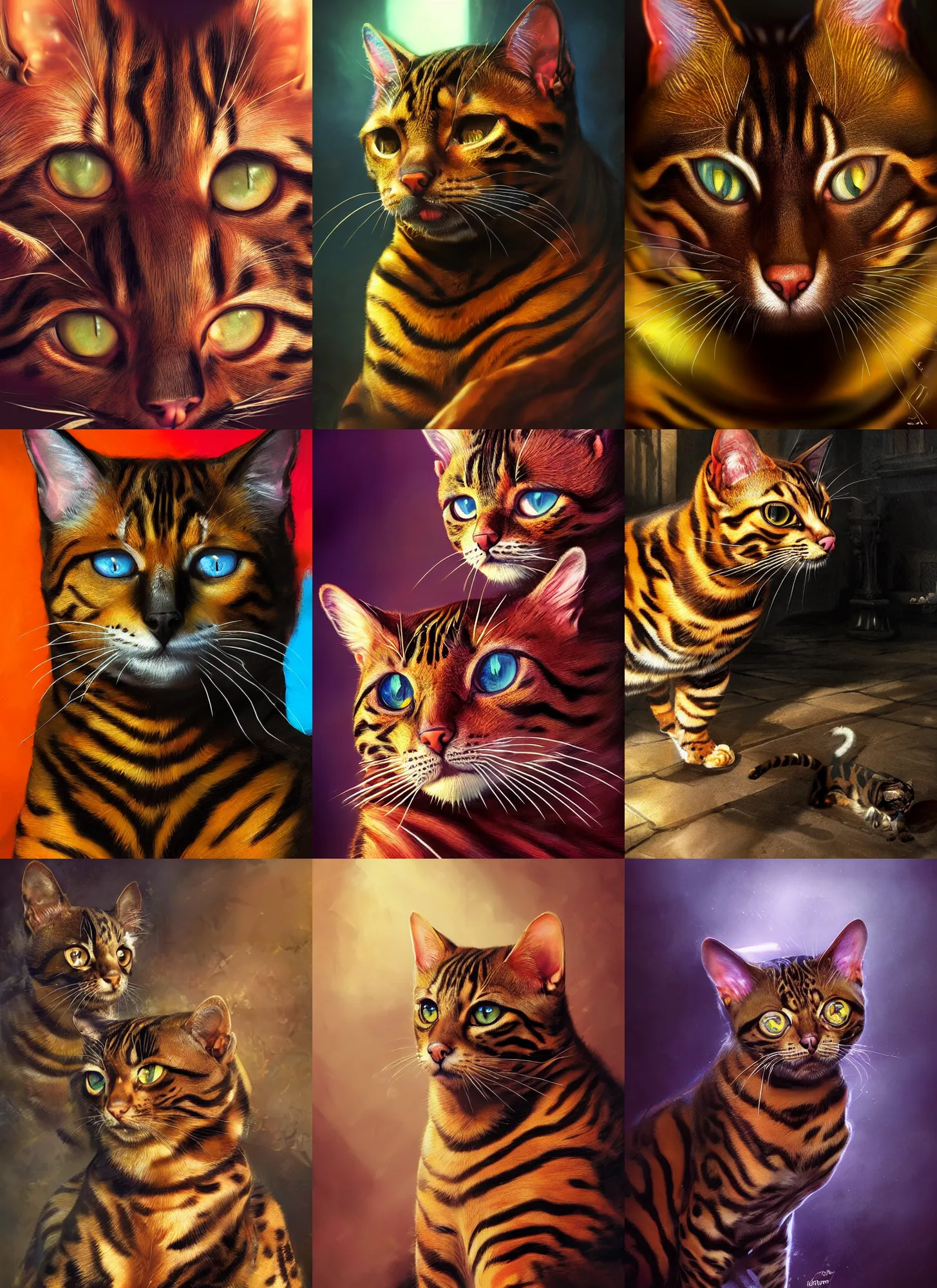 Prompt: Bengal cat feline, vivid colors, dark shadows, contrast, concept art, sharp focus, digital art, Hyper-realistic, 4K, Unreal Engine, Highly Detailed, Dramatic Lighting, Beautiful, by Brom, bastien lecouffe-deharme