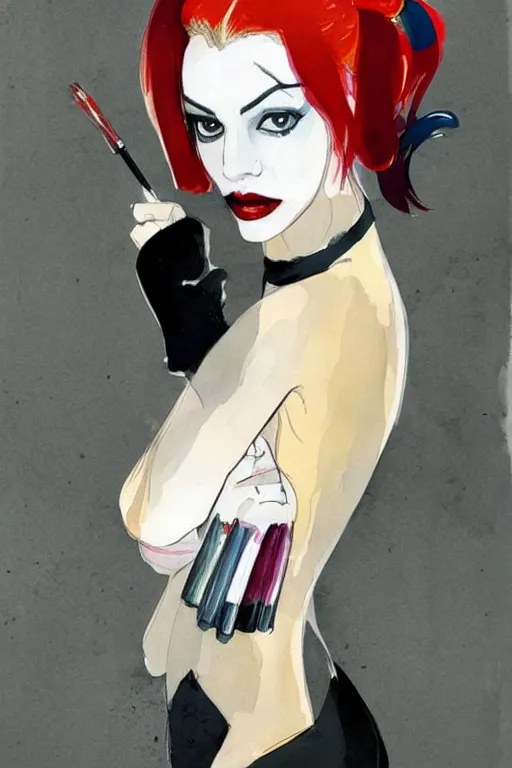 Image similar to beautiful portrait of Harley Quinn by Milo manara and David downton, colorless, silent, watercolor