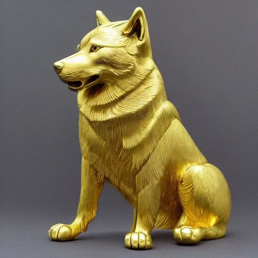 Image similar to gold sculpture of a husky, highly detailed, engraved