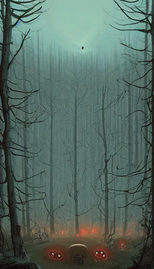 Prompt: a storm vortex made of many demonic eyes and teeth over a forest, by simon stalenhag