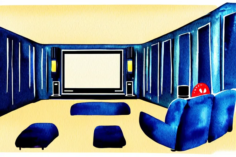 Prompt: very wide angle, a modern home movie theater with big screen, stylish wall sconces, old popcorn machine!, movie posters!, very happy and cozy, interior designed by kelly wearstler, rough watercolor painting