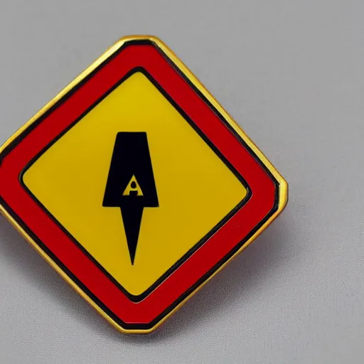 Prompt: a diamond enamel pin depicting a caution hazard label, smooth curves