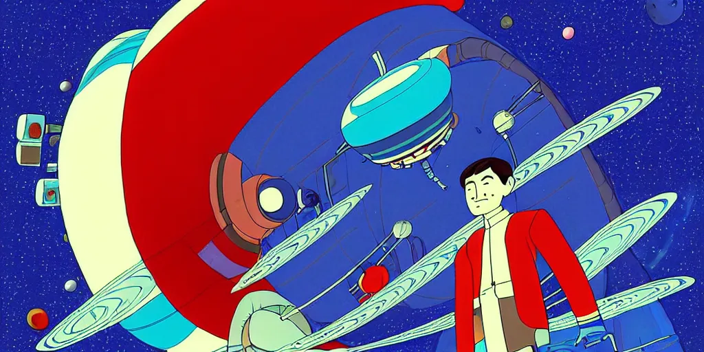 Image similar to traditional drawn colorful animation a symmetrical portrait of lonely single Takeshi Kitano alone pilot in posing comet tail in robot platform deck wheelhouse spaceship station planet captain bridge outer worlds robots extraterrestrial hyper contrast well drawn Metal Hurlant Pilote and Pif in Jean Henri Gaston Giraud animation film The Masters of Time FANTASTIC PLANET La planète sauvage animation by René Laloux