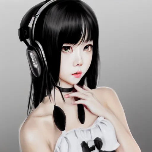 Image similar to realistic detailed semirealism beautiful gorgeous natural cute Blackpink Lalisa Manoban black hair black cat ears, wearing white camisole outfit, headphones, black leather choker artwork drawn full HD 4K high resolution quality artstyle professional artists WLOP, Aztodio, Taejune Kim, Guweiz, Pixiv, Instagram, Artstation