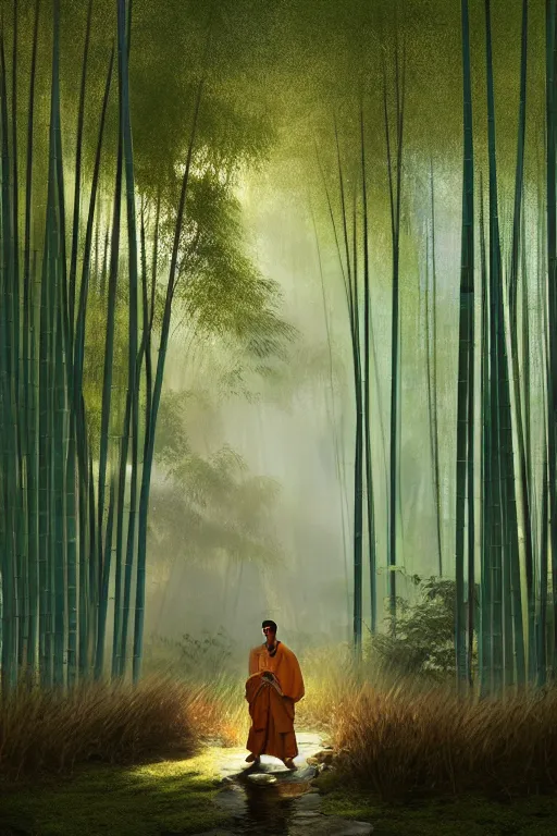 Image similar to a komuso monk in a mysterious japanese bamboo forest with light shafts, atmospheric lighting, by greg rutkowski, ultra realistic, concept art, intricate details, highly detailed, photorealistic, octane render, 8 k, unreal engine