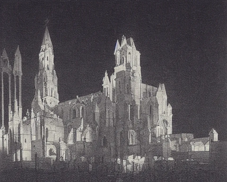 Image similar to achingly beautiful print of the St. Peters bathed in moonlight by Hasui Kawase and Lyonel Feininger.