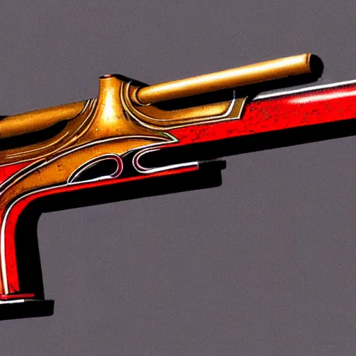 Prompt: a magical antique double - barreled shotgun made from glossy red - painted wood and elements of gold metalwork, video game concept art