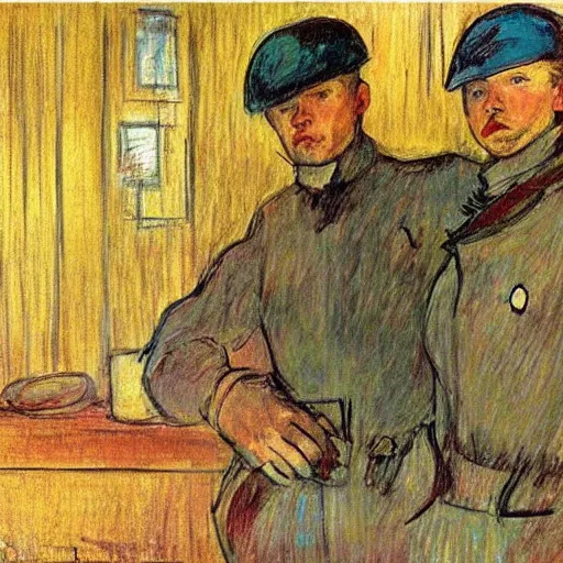 Prompt: modern red berets soldiers inside of a pub, painting by toulouse - lautrec, soldiers wearing tactical clothing, 2 1 st century, cinematic, award winning