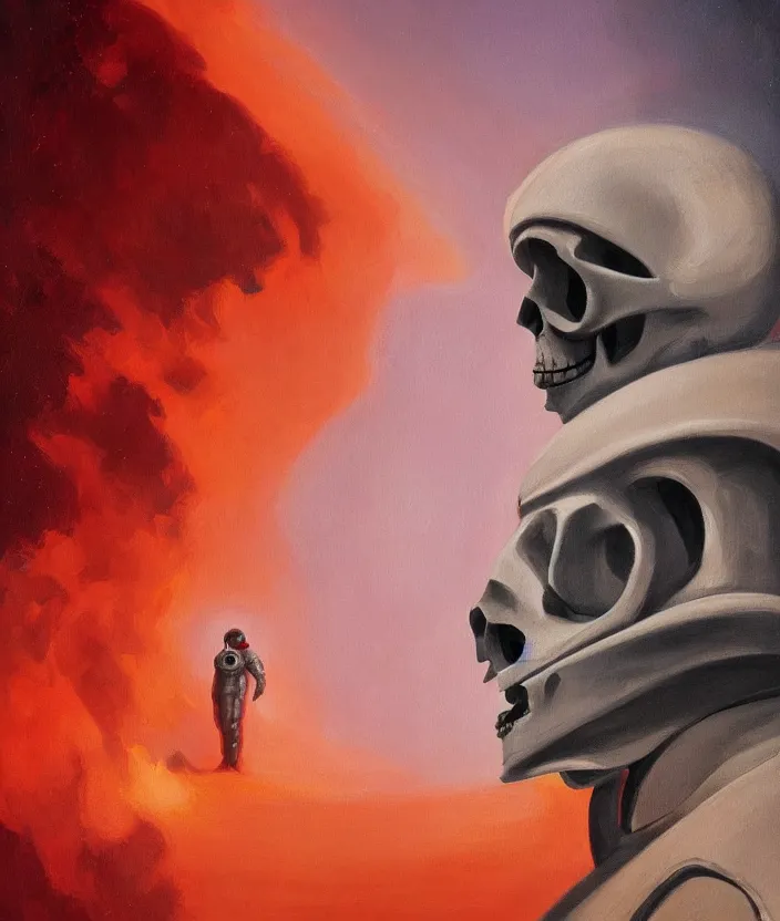 Image similar to a portrait of an astronaut with a skull head standing in front of the entrance to ethereal realm, cinematic and highly detailed oil painting by josep tapiro baro and edward hopper, trending on artstation, oil painting masterpiece, symmetry, mysterious, very aesthetic, cinematic and dramatic red light, 4 k,