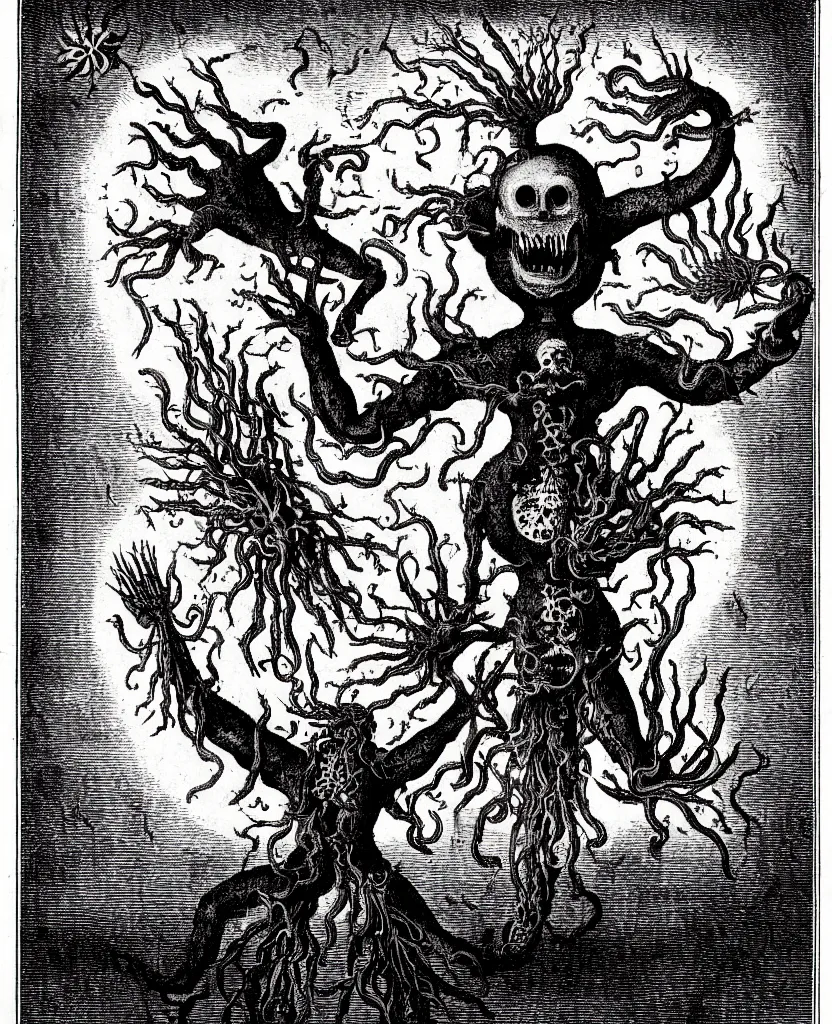 Prompt: fiery freaky creature sings a unique canto about'as above so below'being ignited by the spirit of haeckel and robert fludd, breakthrough is iminent, glory be to the magic within
