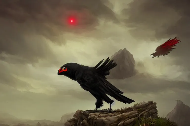 Prompt: red - eyed scary gigantic crow standing on top of a hill, looking down, cloudy sky in the background, digital painting, epic, pokemon style, earth type pokemon, smooth, trending on artstation, professional painting, made by greg rutkowski