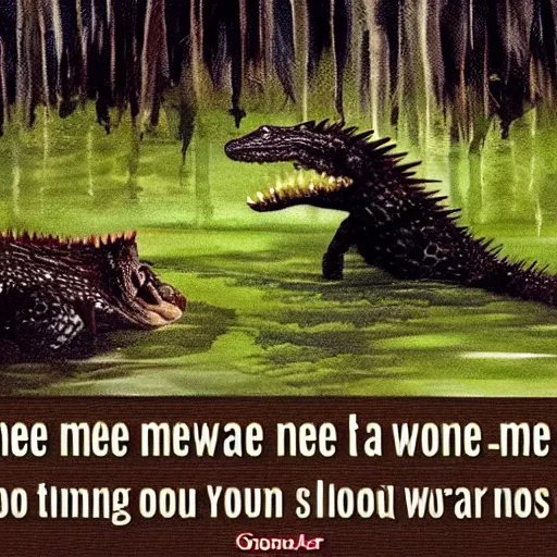 Prompt: Meet me at the stroke of midnight in the swamp down by the wood, I'm going to make you love me like you never thought you would, you're gonna scream bloody murder and your bloodshot eyes are gonna shine after you finish drinkin' good old Alligator Wine. Alligator Wine you old porcupine is conna make you mine. It's gonna make you mine.