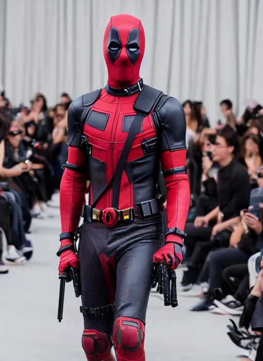 Image similar to hyperrealistic and heavy detailed balenciaga runway show of deadpool, leica sl 2 5 0 mm, vivid color, high quality, high textured, real life