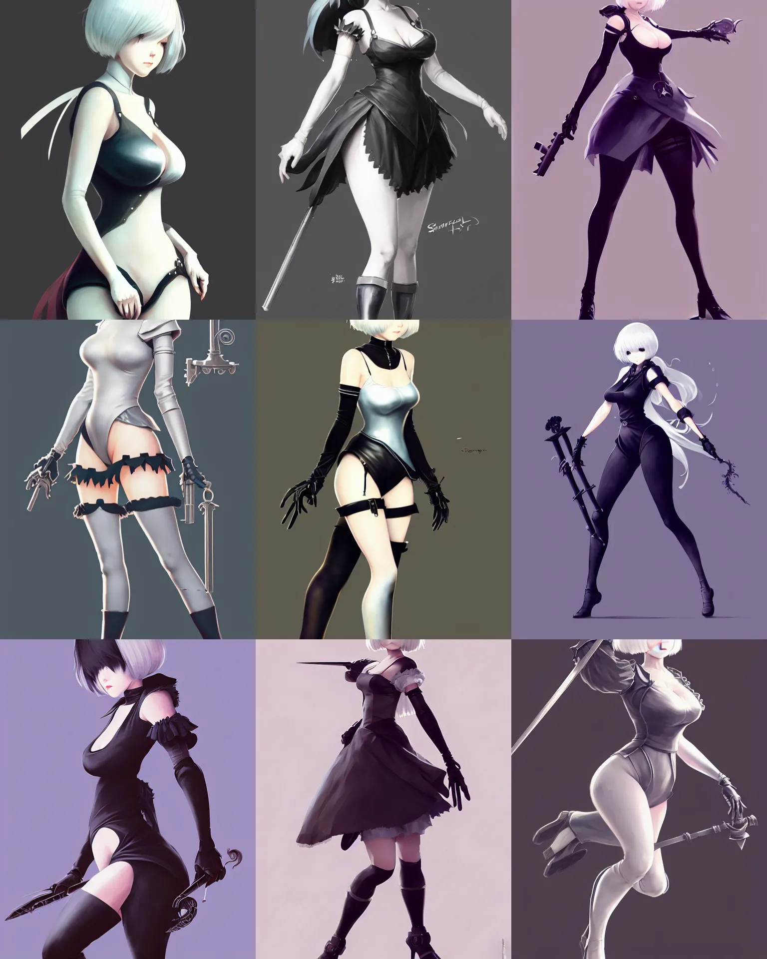Prompt: full body character concept art of 2 b from nier | | distinct - fine, key visual, realistic shaded perfect face, fine details by stanley artgerm lau, wlop, rossdraws, james jean, andrei riabovitchev, marc simonetti, sakimichan, and jakub rebelka, trending on artstation