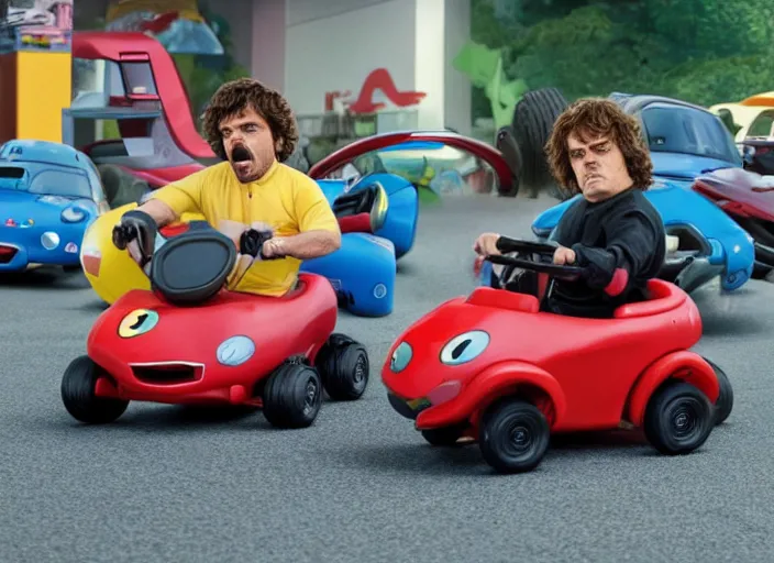 Image similar to peter dinklage racing gary coleman driving a little tikes cars, movie still, from the new fast and furious movie, 8 k, realistic