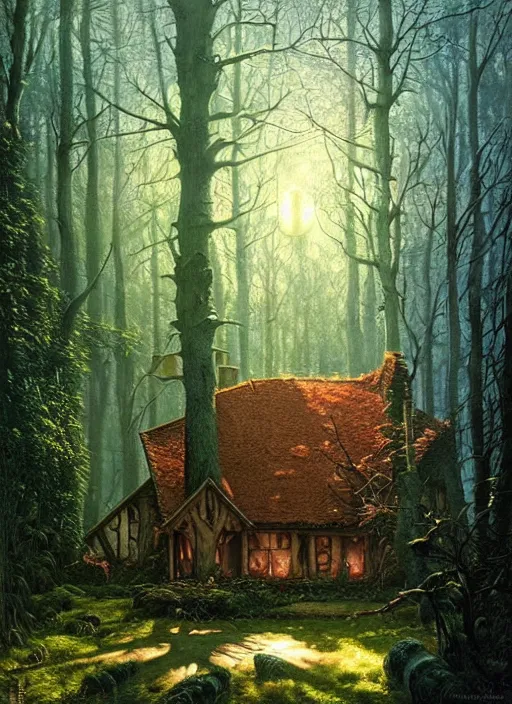 Image similar to hyper realistic witch cottage with mood lighting and technology in the woods gorgeous lighting, sunbeams blue sky, highly detailed, lush forest foliage painting by zdzisław beksinski and norman rockwell and greg rutkowski weta studio, and lucasfilm