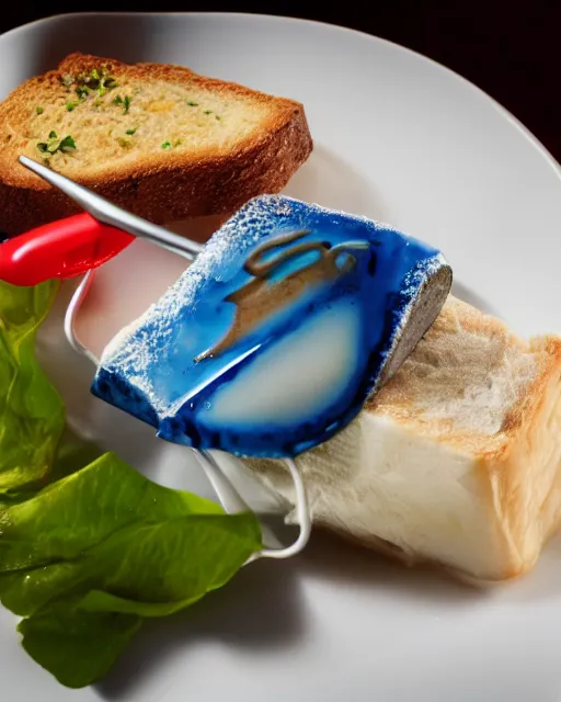 Prompt: food photography of dish consisting of a toast with spreaded blue toothpaste and a toothbrush in a michelin star restaurant,