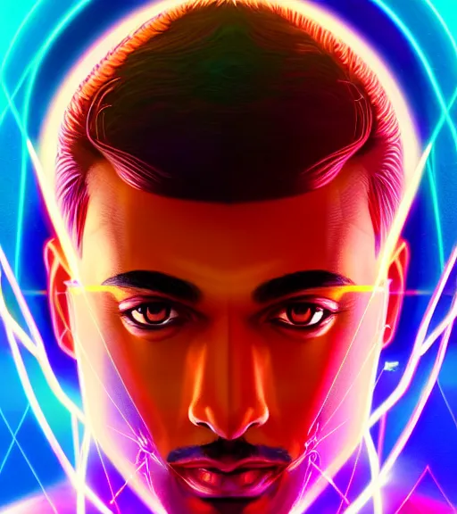 Image similar to symmetry!! indian prince of technology, solid cube of light, hard edges, product render retro - futuristic poster scifi, lasers and neon circuits, brown skin handsome indian prince, intricate, elegant, highly detailed, digital painting, artstation, concept art, smooth, sharp focus, illustration, dreamlike, art by artgerm