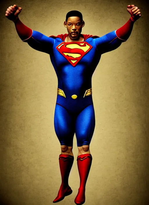 Image similar to will smith as superman, muscles, veins, arteries, intricate, organs, ornate, surreal, ray caesar, john constable, guy denning, dan hillier