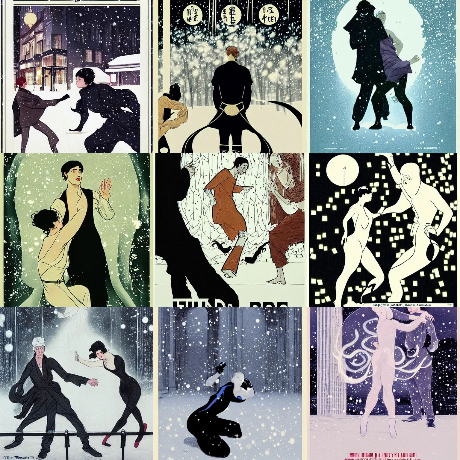 Prompt: poster for short film blind, dance, man, woman, kung fu, minimalist, monochromatic, beautiful, choreographed, art nouveau, art deco, sensual, violent, dramatic, beautiful light, snow falling, snow globe, milo manara