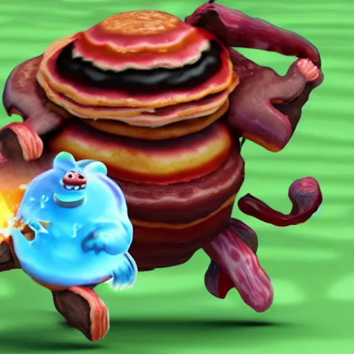 Prompt: a pancake elemental is fighting a bacon elemental