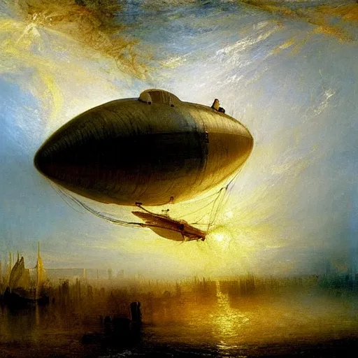 Image similar to painting by J M W Turner of an airship