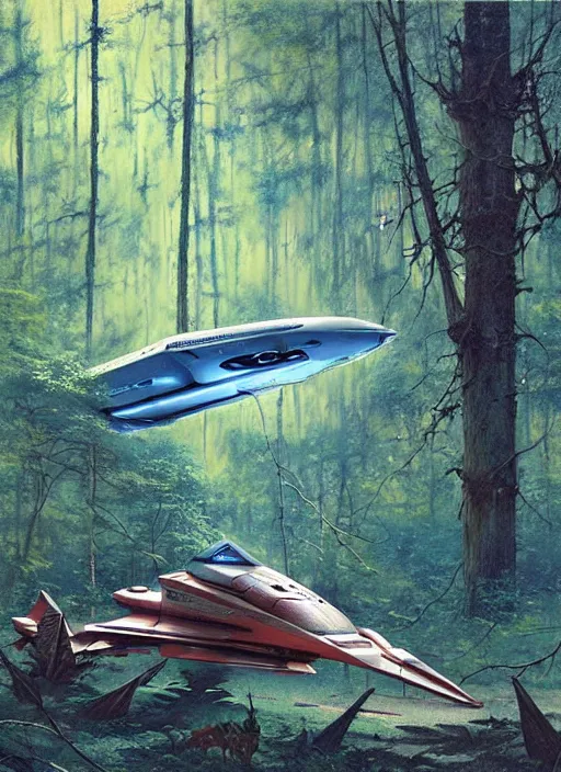 Image similar to hyper realistic spaceship in the woods by a river gorgeous lighting, lush forest foliage blue sky a hyper realistic painting by chiara bautista and beksinski and norman rockwell and greg rutkowski, weta studio, and lucasfilm